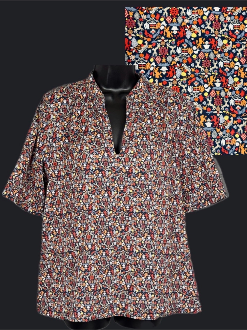 Lucky Brand Popover Blouse Navy Blue Cotton Scandi Folk Art Peasant Top LG Shirt